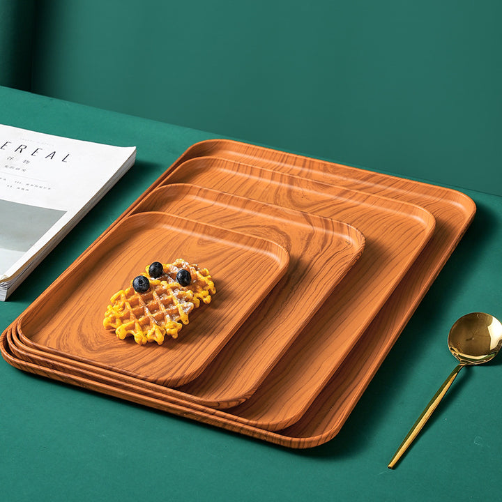 Wheat Straw Rectangular Serving Tray Wood Grain Plastic Plate Nordic Style Faux Oak Tray Lightweight Food Serving Platter for Home Restaurant