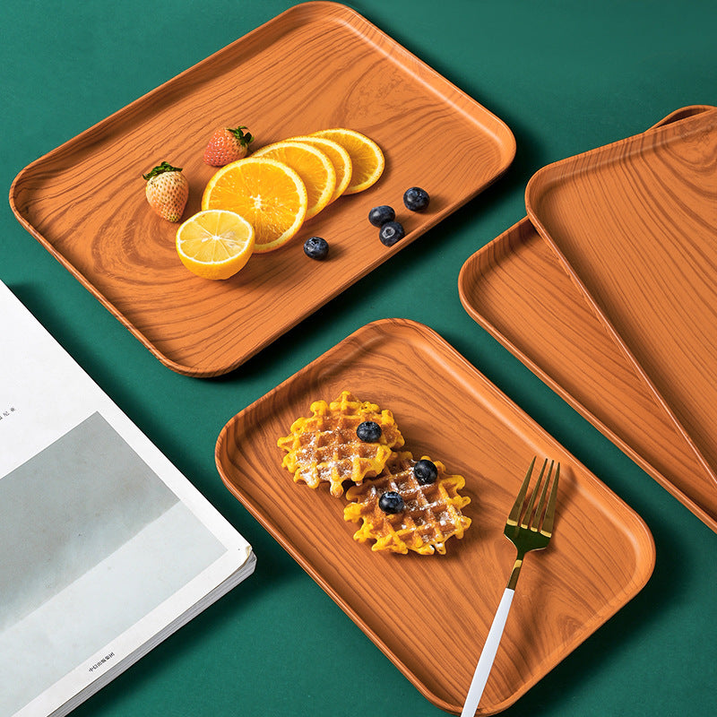 Wheat Straw Rectangular Serving Tray Wood Grain Plastic Plate Nordic Style Faux Oak Tray Lightweight Food Serving Platter for Home Restaurant